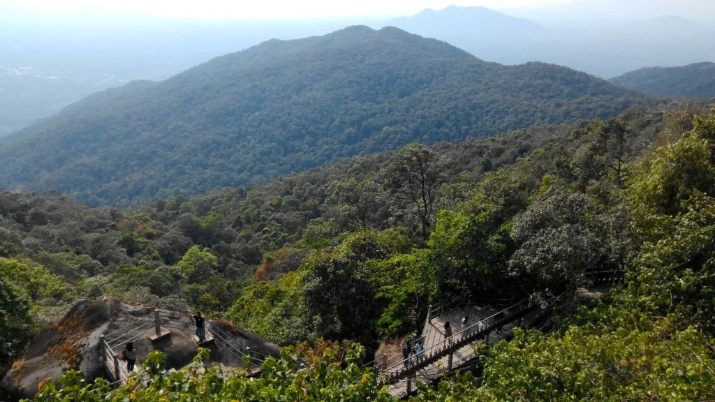 Mountain scenery and an elevated walkway in Khao Khitchakut National Park, Chanthaburi